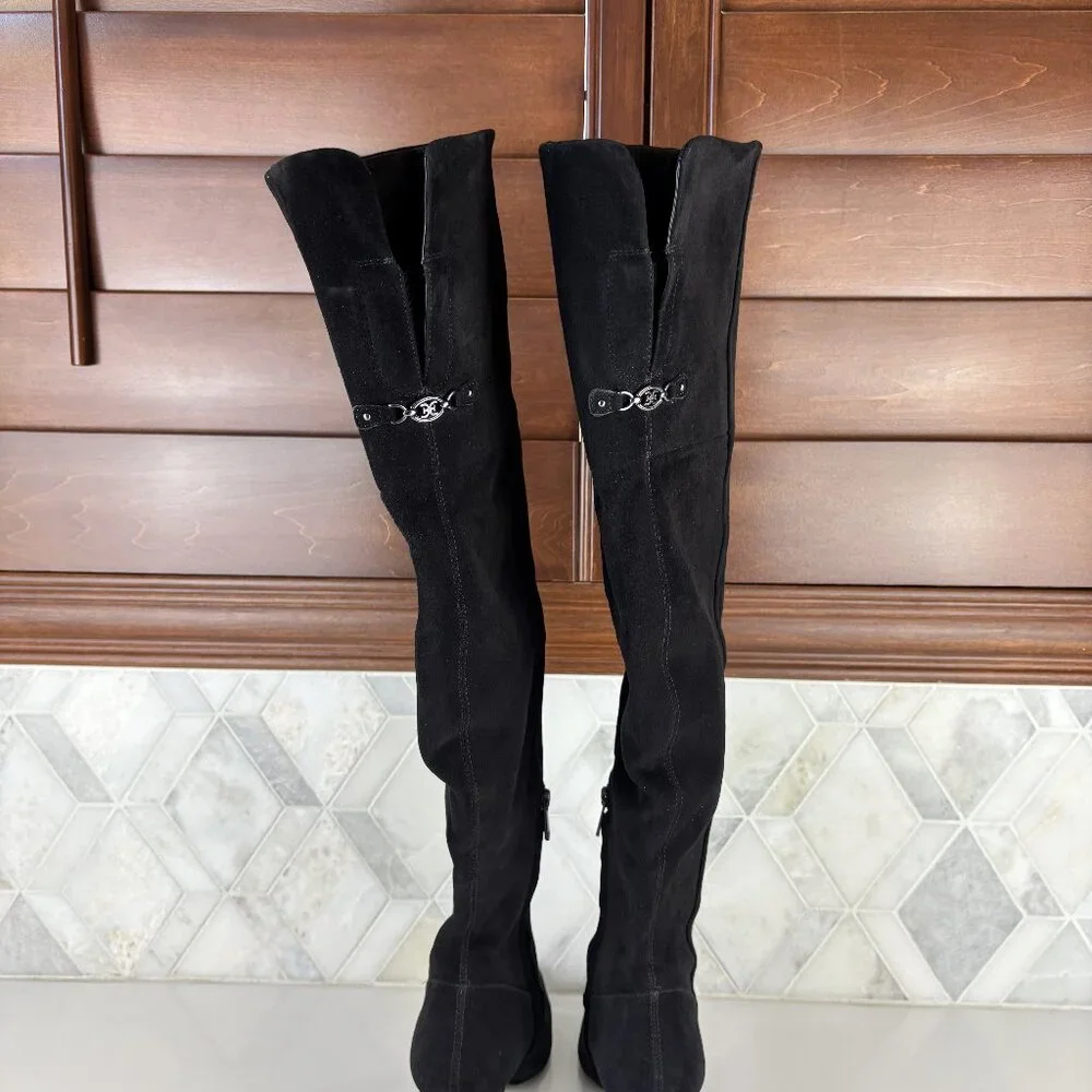 8.5 Wide Calf Black Suede Leather Tall Boot Over The Knee Zip Block Heel Shea
